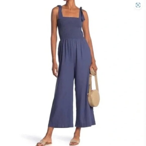 Susina size Small Blue Linen Blend Smocked Jumpsuit - Picture 1 of 15